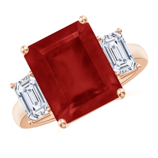 12x10mm AA Emerald-Cut Ruby and Diamond Three Stone Ring in Rose Gold