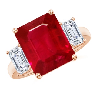 12x10mm AAA Emerald-Cut Ruby and Diamond Three Stone Ring in Rose Gold