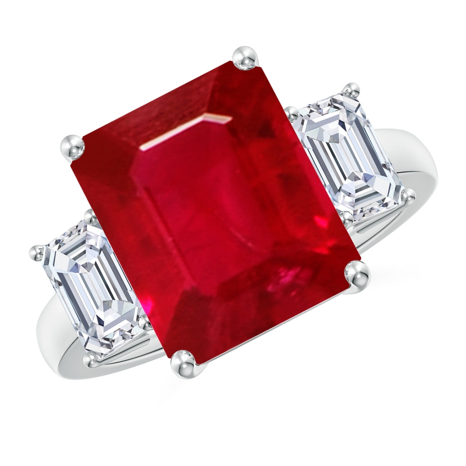 12x10mm AAA Emerald-Cut Ruby and Diamond Three Stone Ring in S999 Silver 