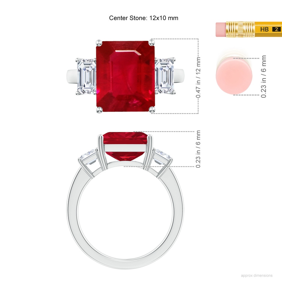 12x10mm AAA Emerald-Cut Ruby and Diamond Three Stone Ring in S999 Silver ruler
