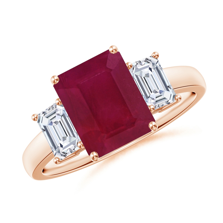 9x7mm A Emerald-Cut Ruby and Diamond Three Stone Ring in Rose Gold 