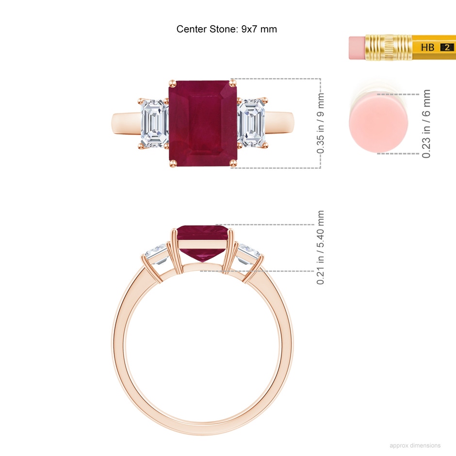 9x7mm A Emerald-Cut Ruby and Diamond Three Stone Ring in Rose Gold ruler