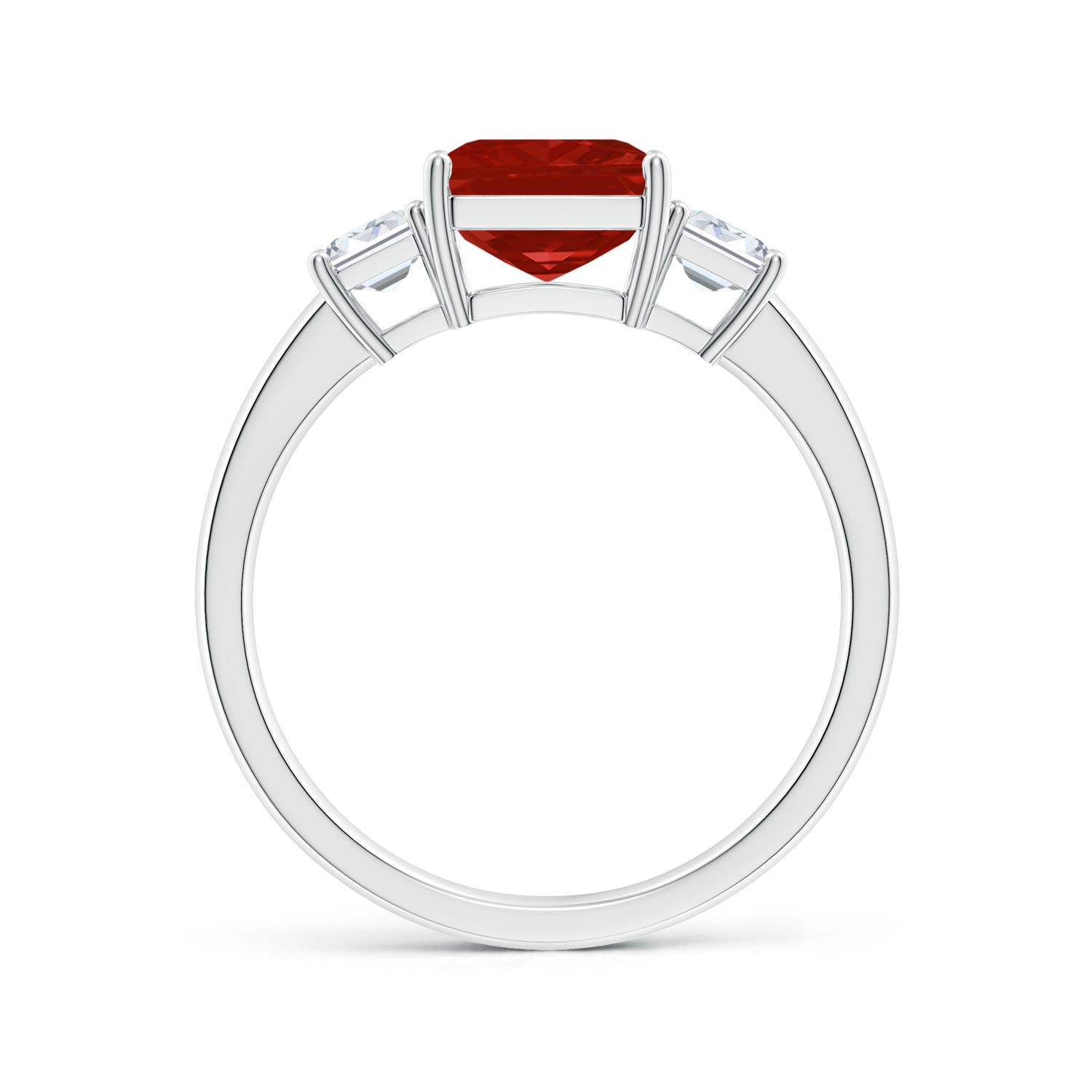 9x7mm AA Emerald-Cut Ruby and Diamond Three Stone Ring in White Gold - side 2