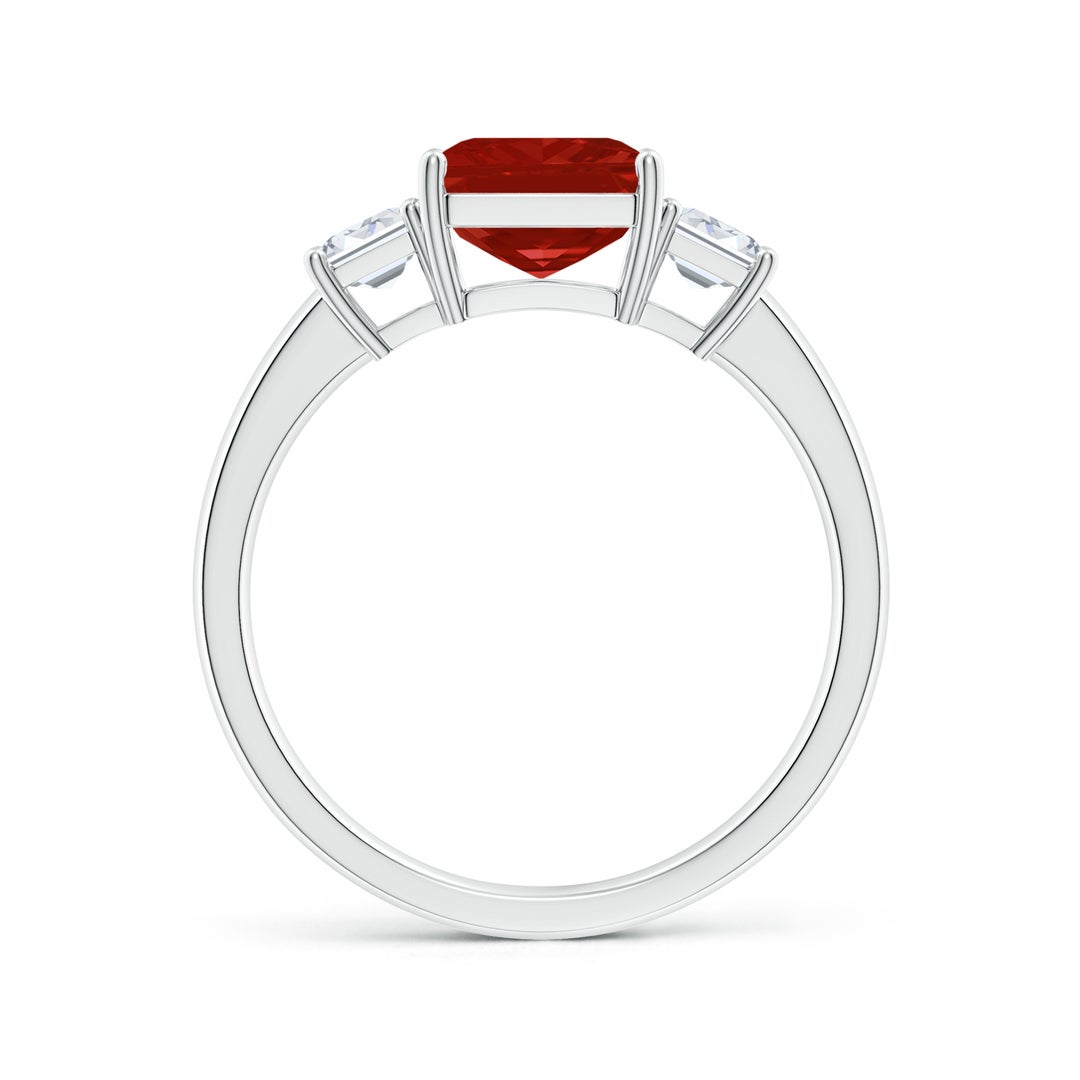 9x7mm AA Emerald-Cut Ruby and Diamond Three Stone Ring in White Gold - side 2
