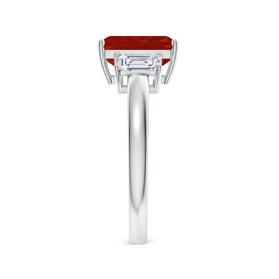 9x7mm AA Emerald-Cut Ruby and Diamond Three Stone Ring in White Gold - side 3