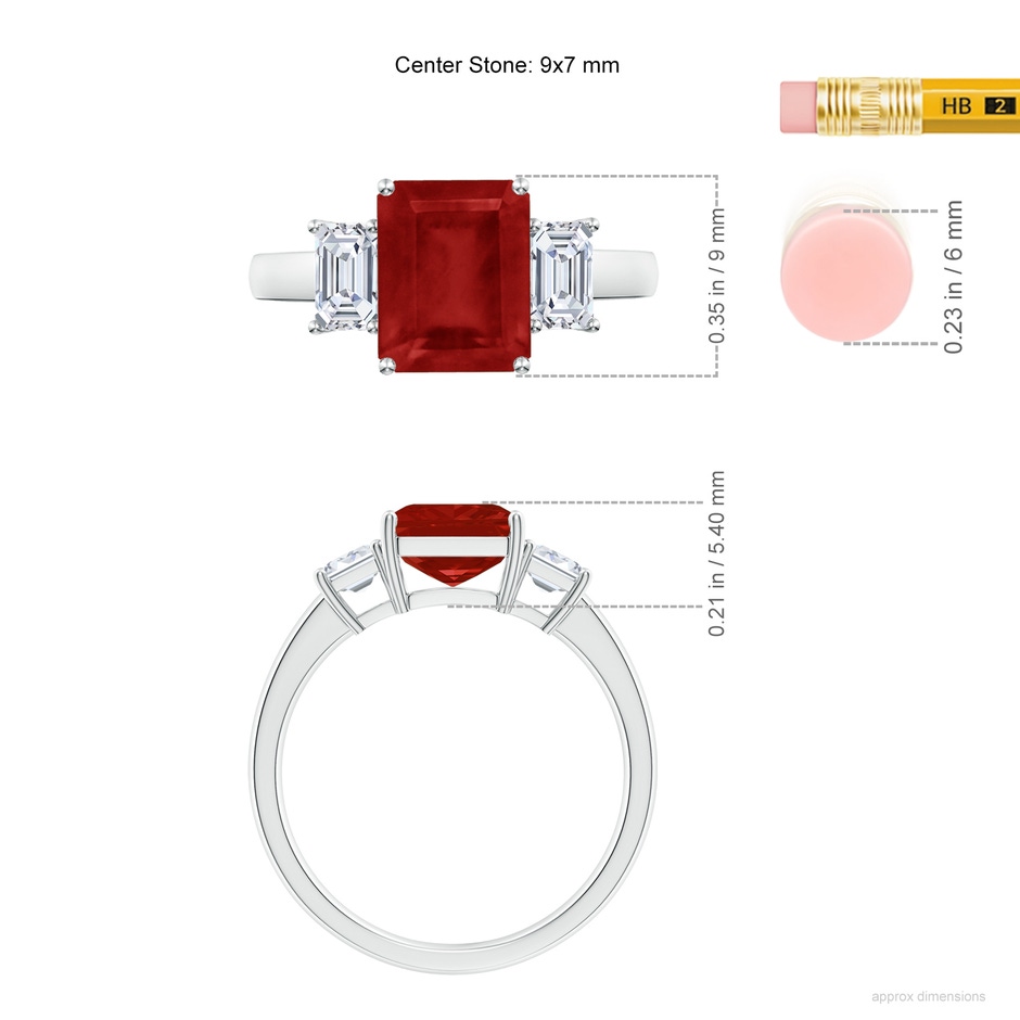 9x7mm AA Emerald-Cut Ruby and Diamond Three Stone Ring in White Gold ruler