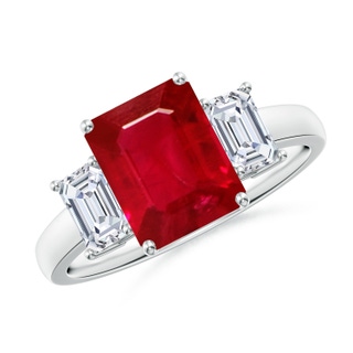 9x7mm AAA Emerald-Cut Ruby and Diamond Three Stone Ring in P950 Platinum