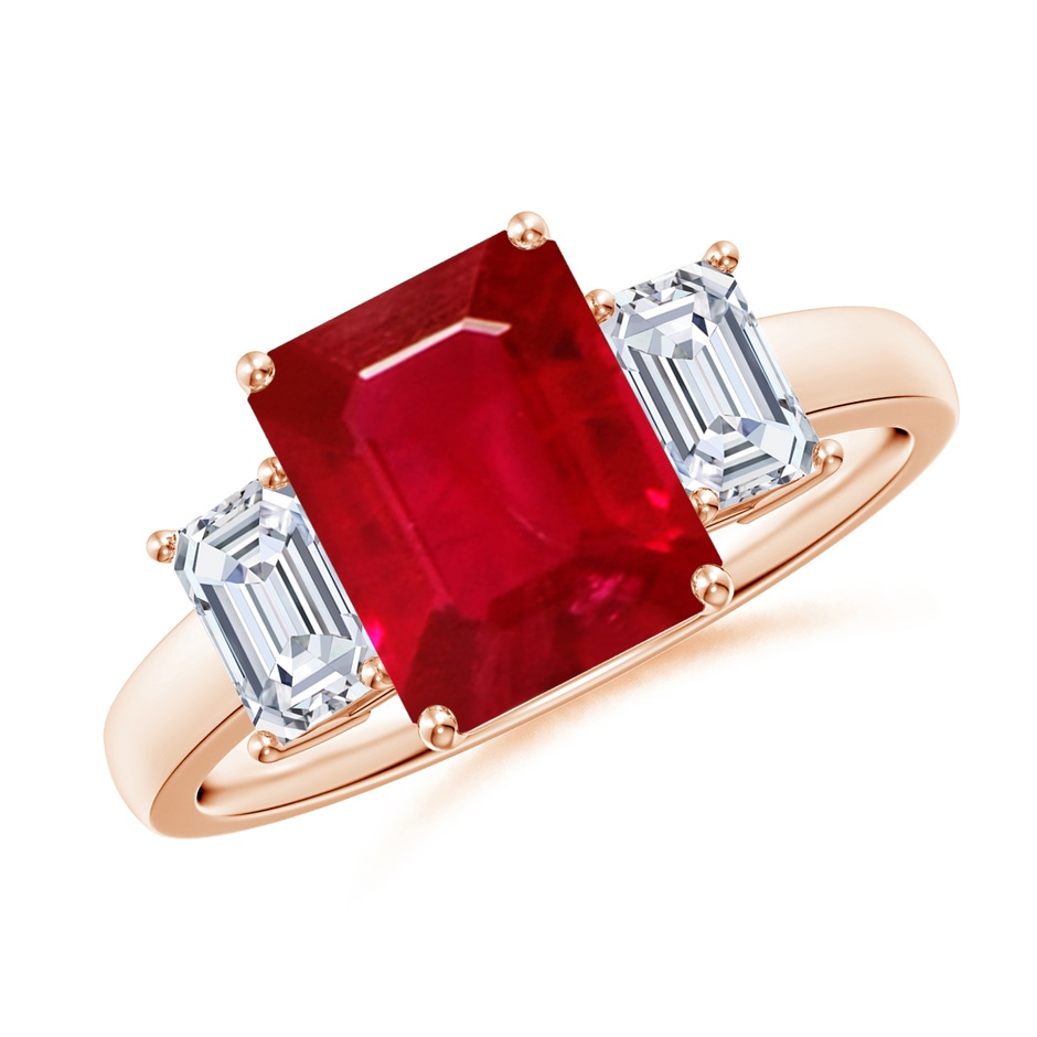 9x7mm AAA Emerald-Cut Ruby and Diamond Three Stone Ring in Rose Gold 