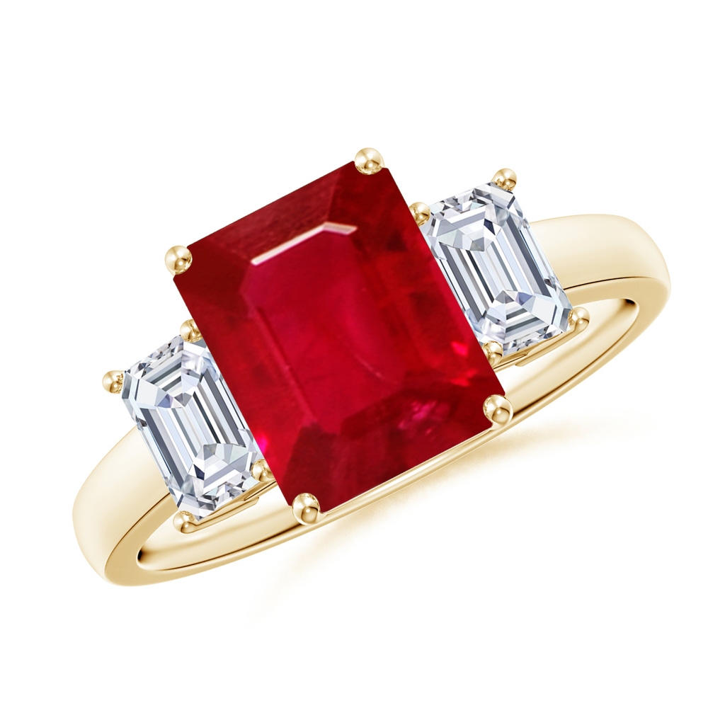 9x7mm AAA Emerald-Cut Ruby and Diamond Three Stone Ring in Yellow Gold