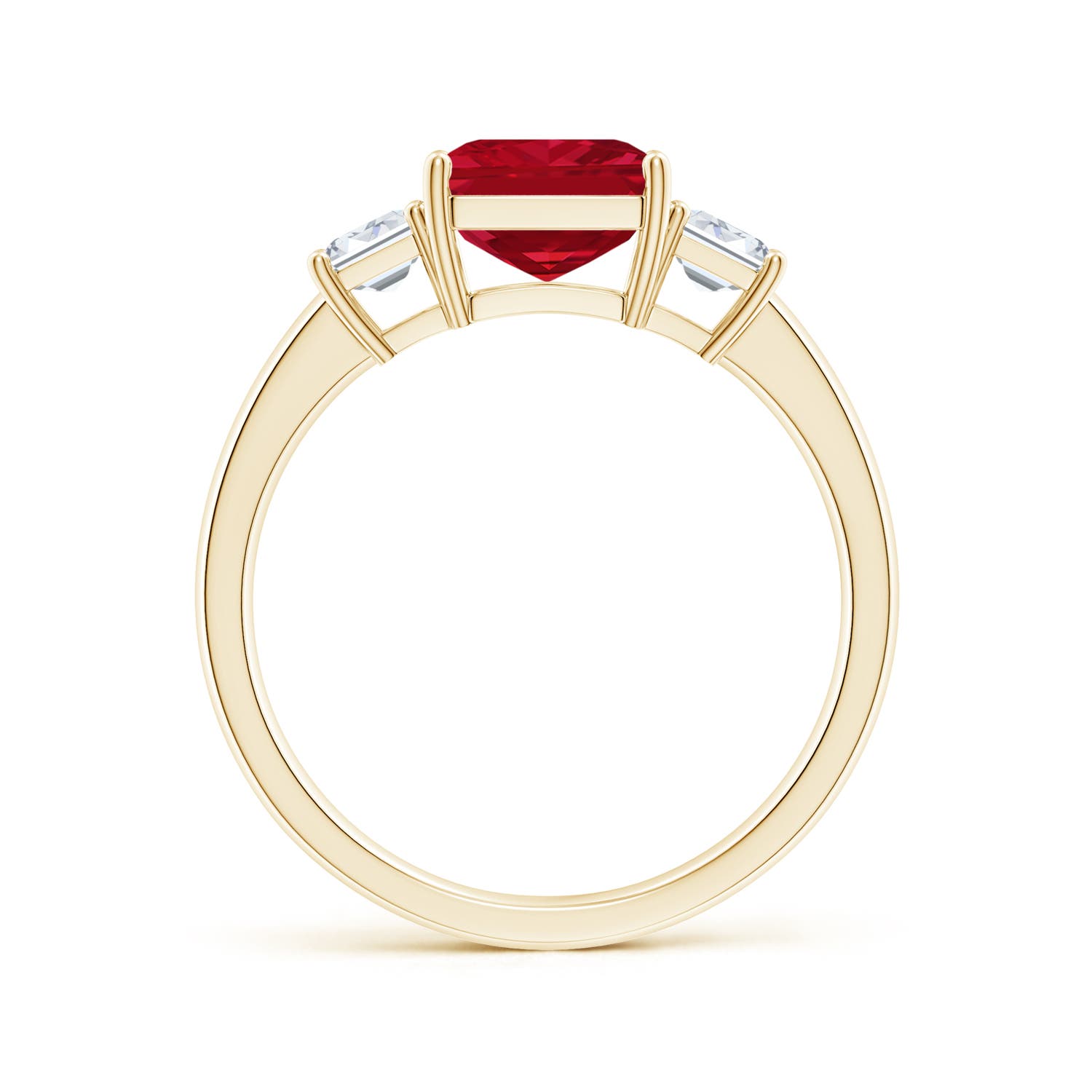 9x7mm AAA Emerald-Cut Ruby and Diamond Three Stone Ring in Yellow Gold - side 2