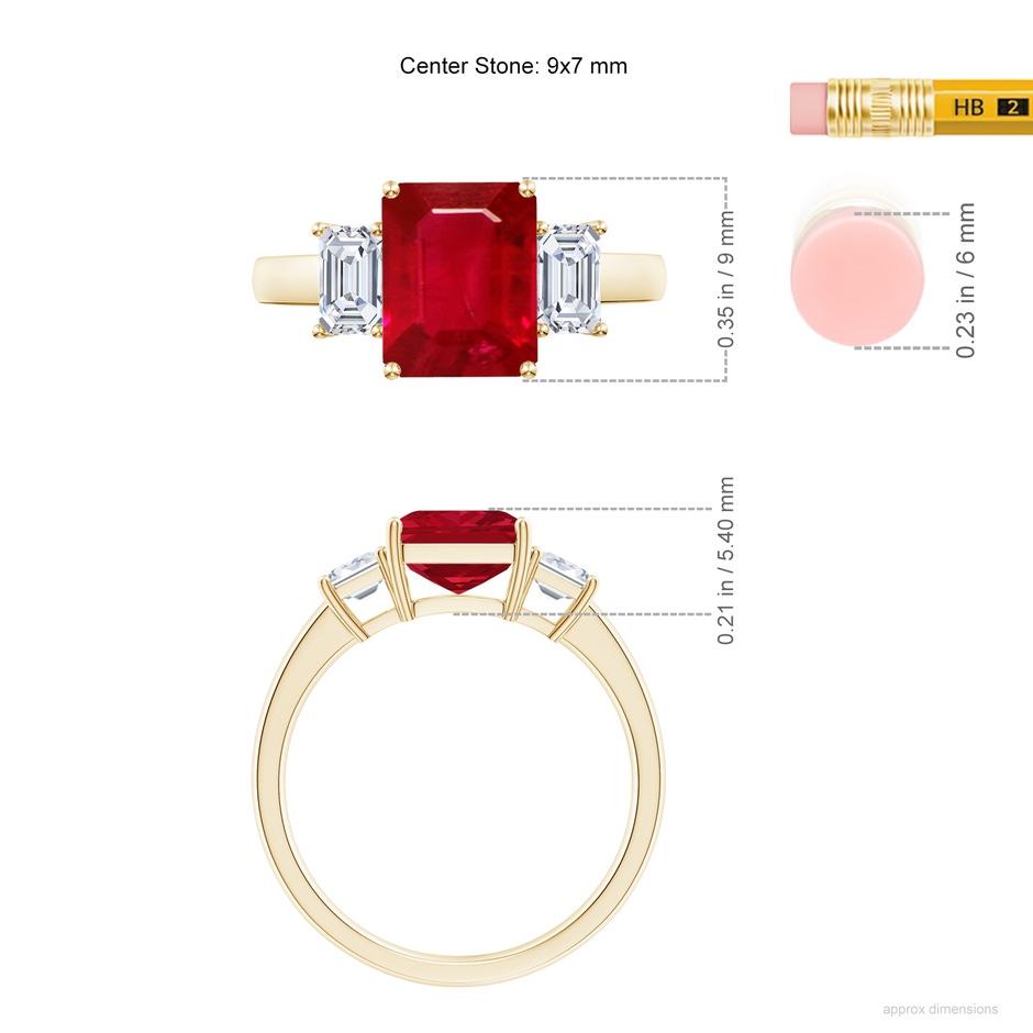 9x7mm AAA Emerald-Cut Ruby and Diamond Three Stone Ring in Yellow Gold ruler