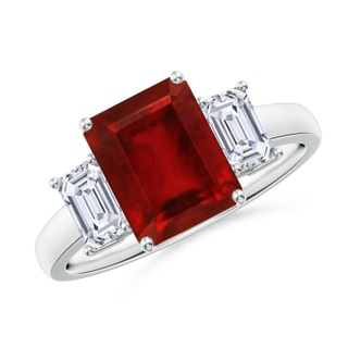 9x7mm AAAA Emerald-Cut Ruby and Diamond Three Stone Ring in P950 Platinum