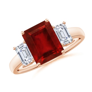 9x7mm AAAA Emerald-Cut Ruby and Diamond Three Stone Ring in Rose Gold