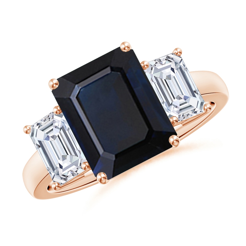 10x8mm A Emerald-Cut Blue Sapphire and Diamond Three Stone Ring in Rose Gold 