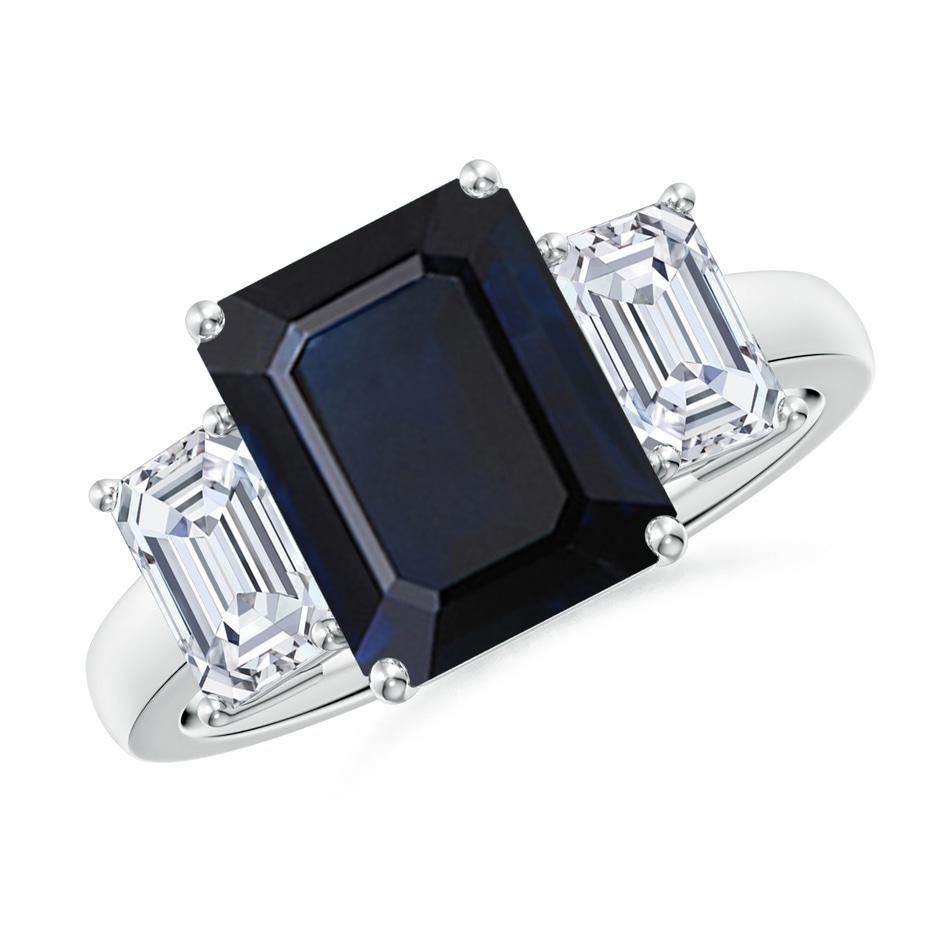10x8mm A Emerald-Cut Blue Sapphire and Diamond Three Stone Ring in White Gold 