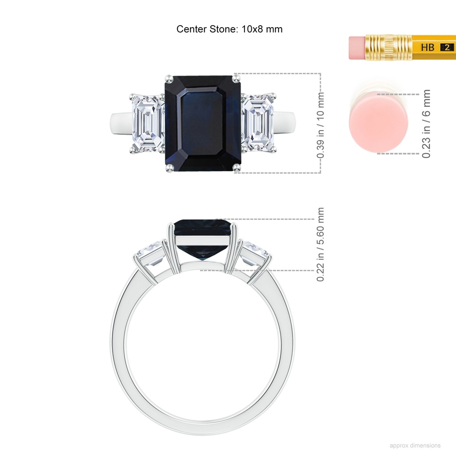 10x8mm A Emerald-Cut Blue Sapphire and Diamond Three Stone Ring in White Gold ruler