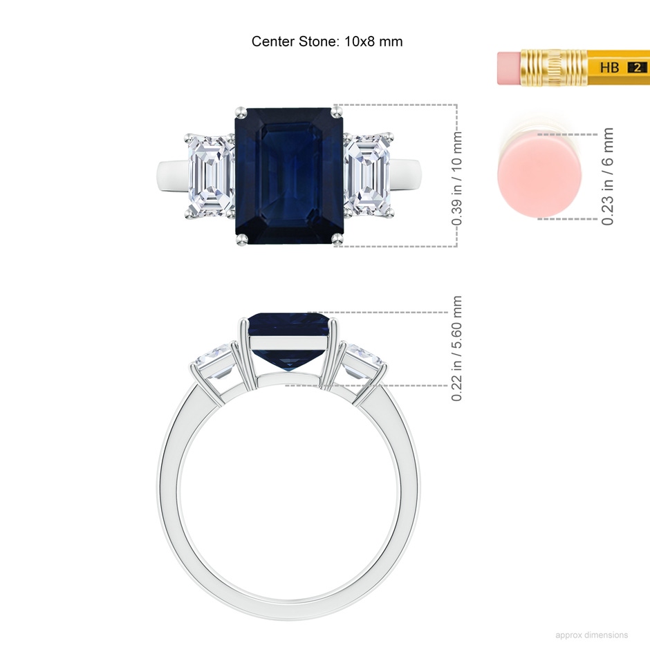10x8mm AA Emerald-Cut Blue Sapphire and Diamond Three Stone Ring in P950 Platinum ruler