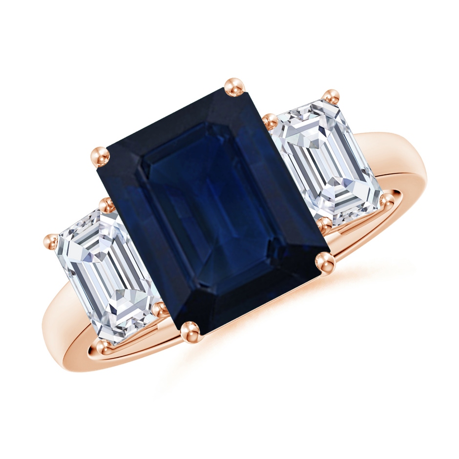 10x8mm AA Emerald-Cut Blue Sapphire and Diamond Three Stone Ring in Rose Gold 