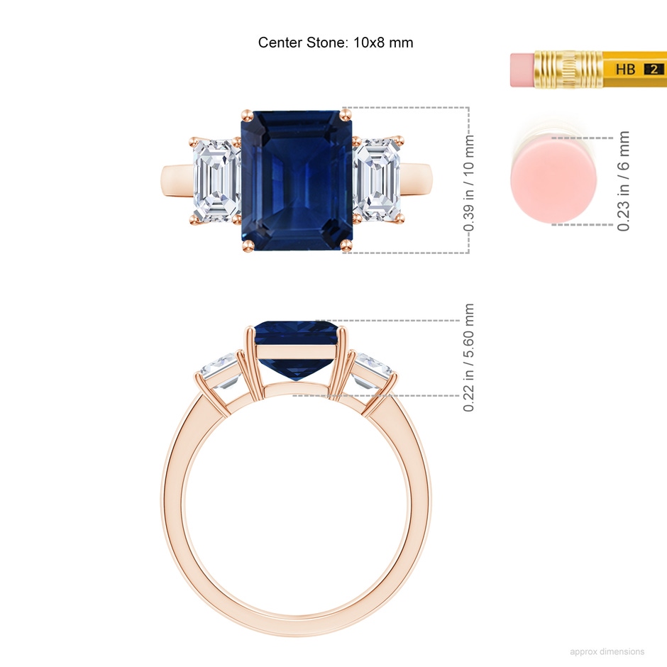 10x8mm AAA Emerald-Cut Blue Sapphire and Diamond Three Stone Ring in Rose Gold ruler