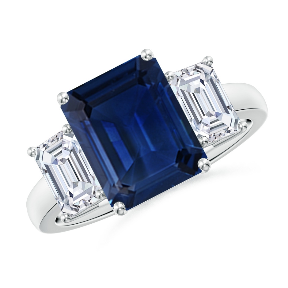 10x8mm AAA Emerald-Cut Blue Sapphire and Diamond Three Stone Ring in White Gold 
