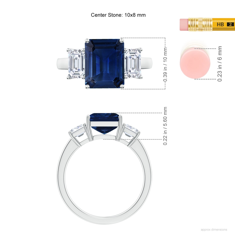10x8mm AAA Emerald-Cut Blue Sapphire and Diamond Three Stone Ring in White Gold ruler