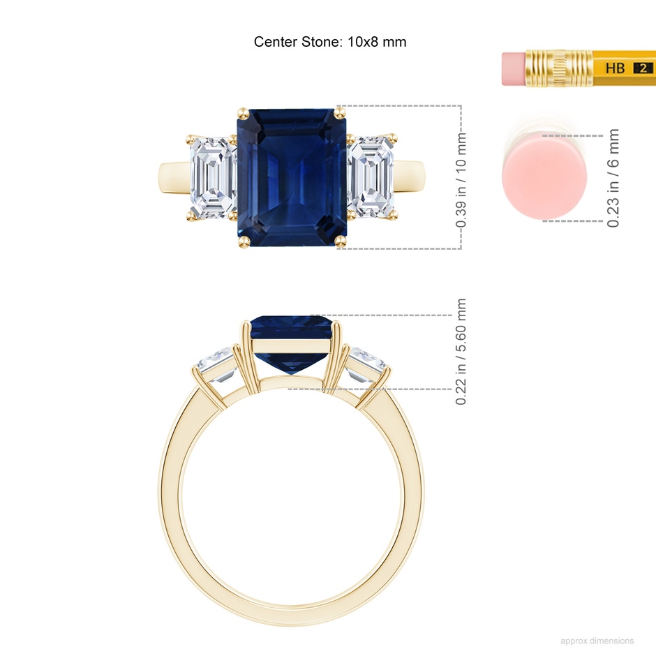 10x8mm AAA Emerald-Cut Blue Sapphire and Diamond Three Stone Ring in Yellow Gold ruler