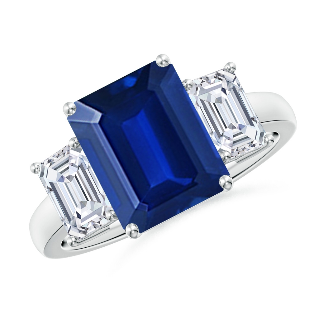 10x8mm Lab-Grown Emerald-Cut Blue Sapphire and Diamond Three Stone Ring in P950 Platinum