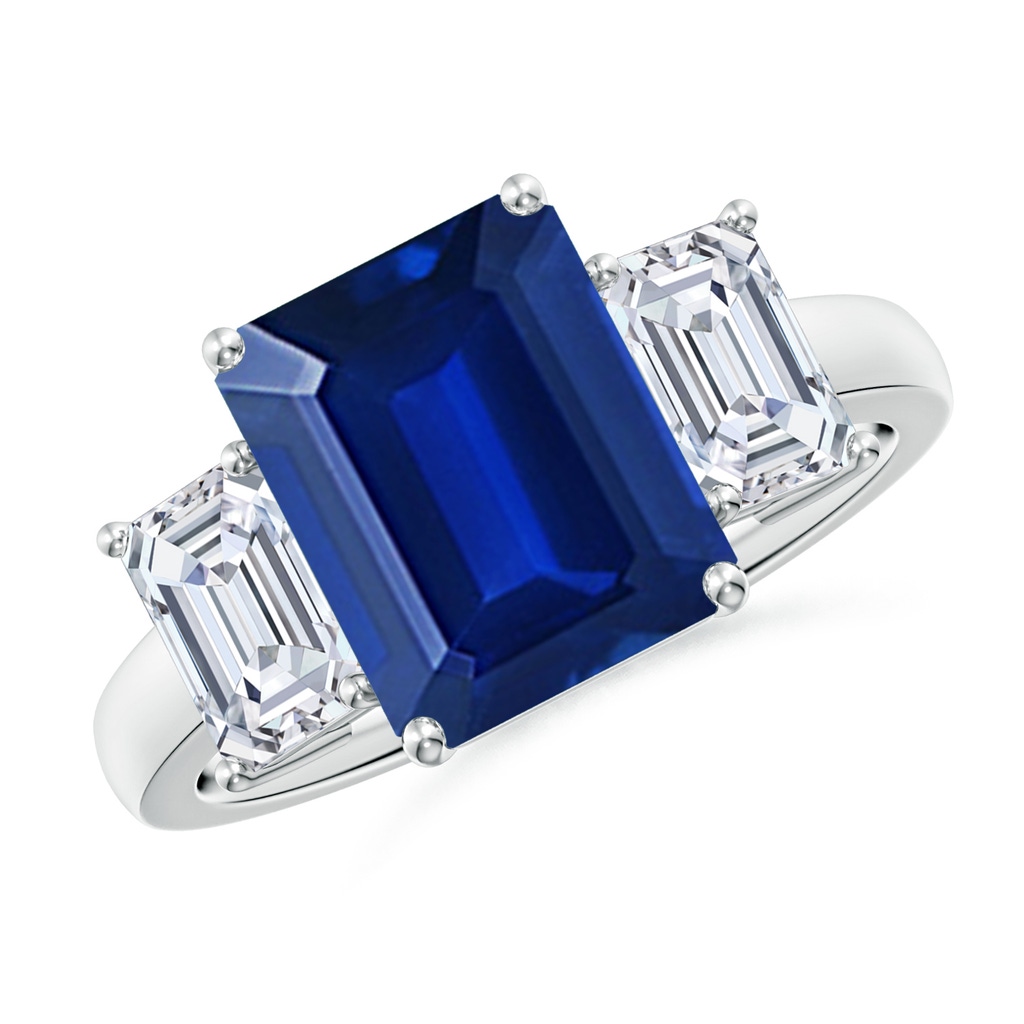 10x8mm AAAA Emerald-Cut Blue Sapphire and Diamond Three Stone Ring in S999 Silver