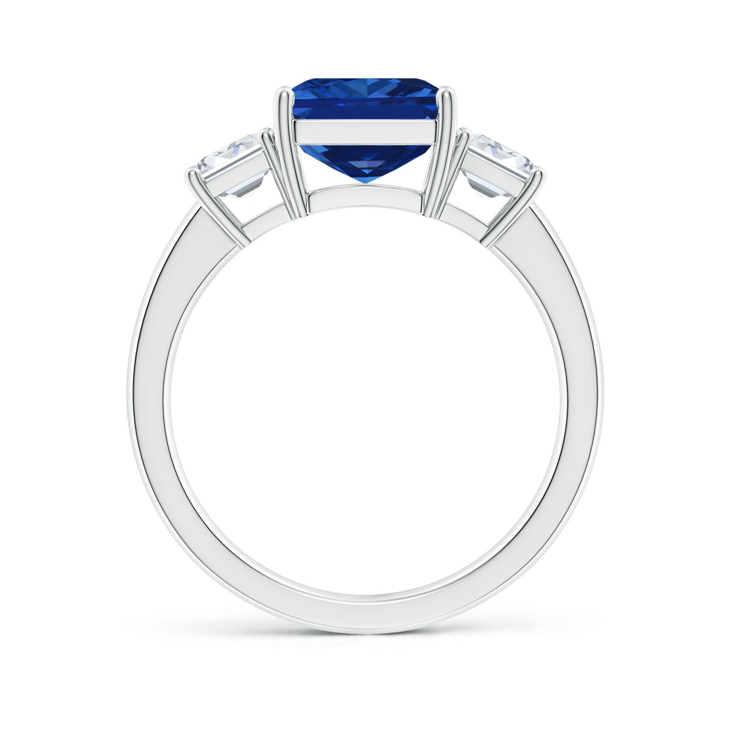 10x8mm AAAA Emerald-Cut Blue Sapphire and Diamond Three Stone Ring in White Gold