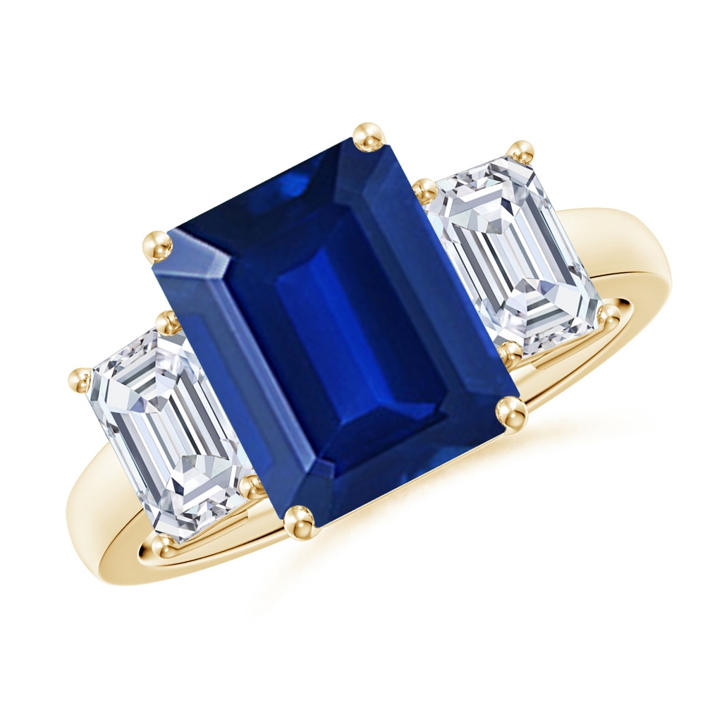 10x8mm Lab-Grown Emerald-Cut Blue Sapphire and Diamond Three Stone Ring in Yellow Gold