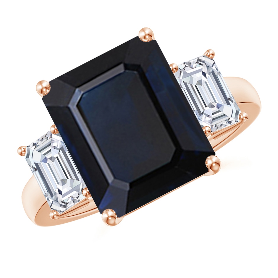 12x10mm A Emerald-Cut Blue Sapphire and Diamond Three Stone Ring in Rose Gold 