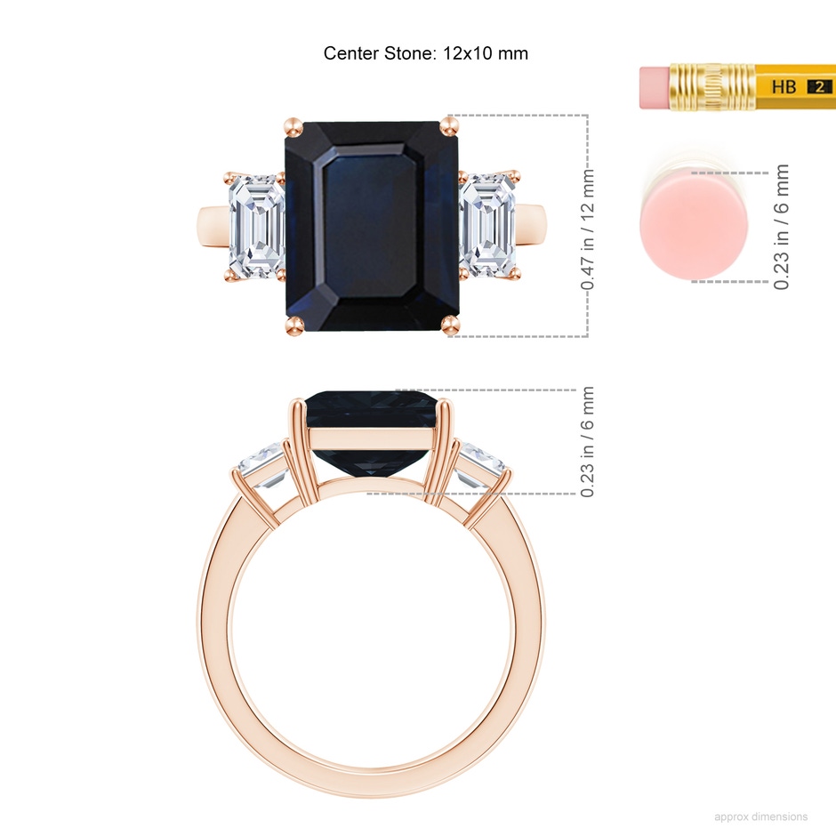 12x10mm A Emerald-Cut Blue Sapphire and Diamond Three Stone Ring in Rose Gold ruler