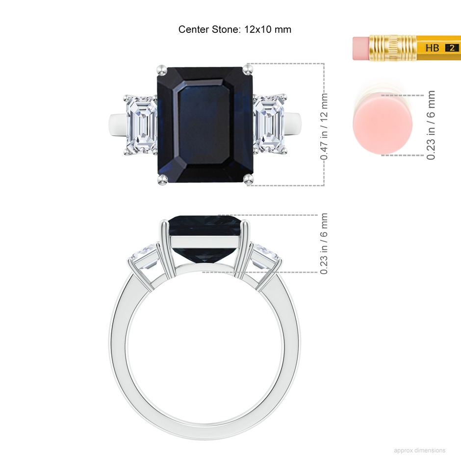 12x10mm A Emerald-Cut Blue Sapphire and Diamond Three Stone Ring in S999 Silver ruler