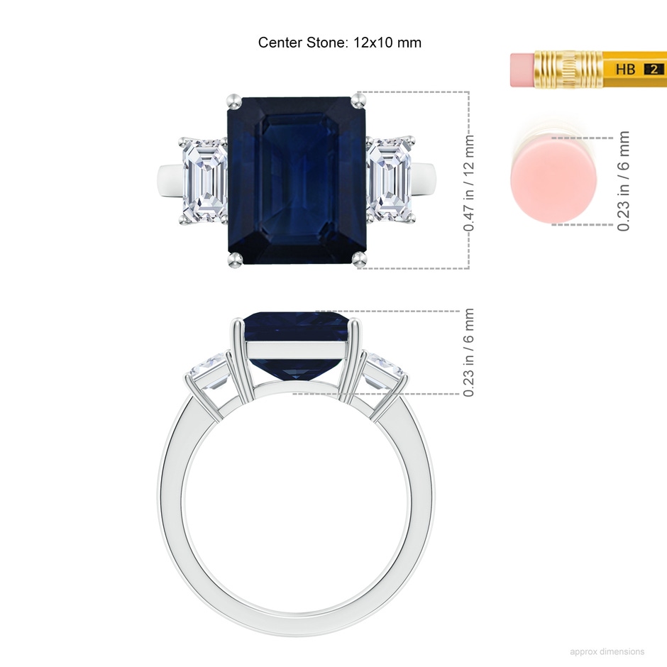 12x10mm AA Emerald-Cut Blue Sapphire and Diamond Three Stone Ring in S999 Silver ruler