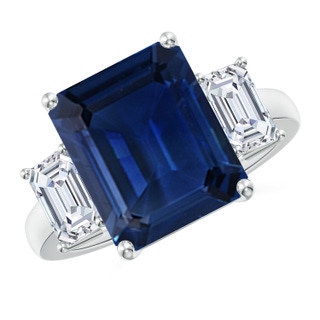 12x10mm AAA Emerald-Cut Blue Sapphire and Diamond Three Stone Ring in P950 Platinum