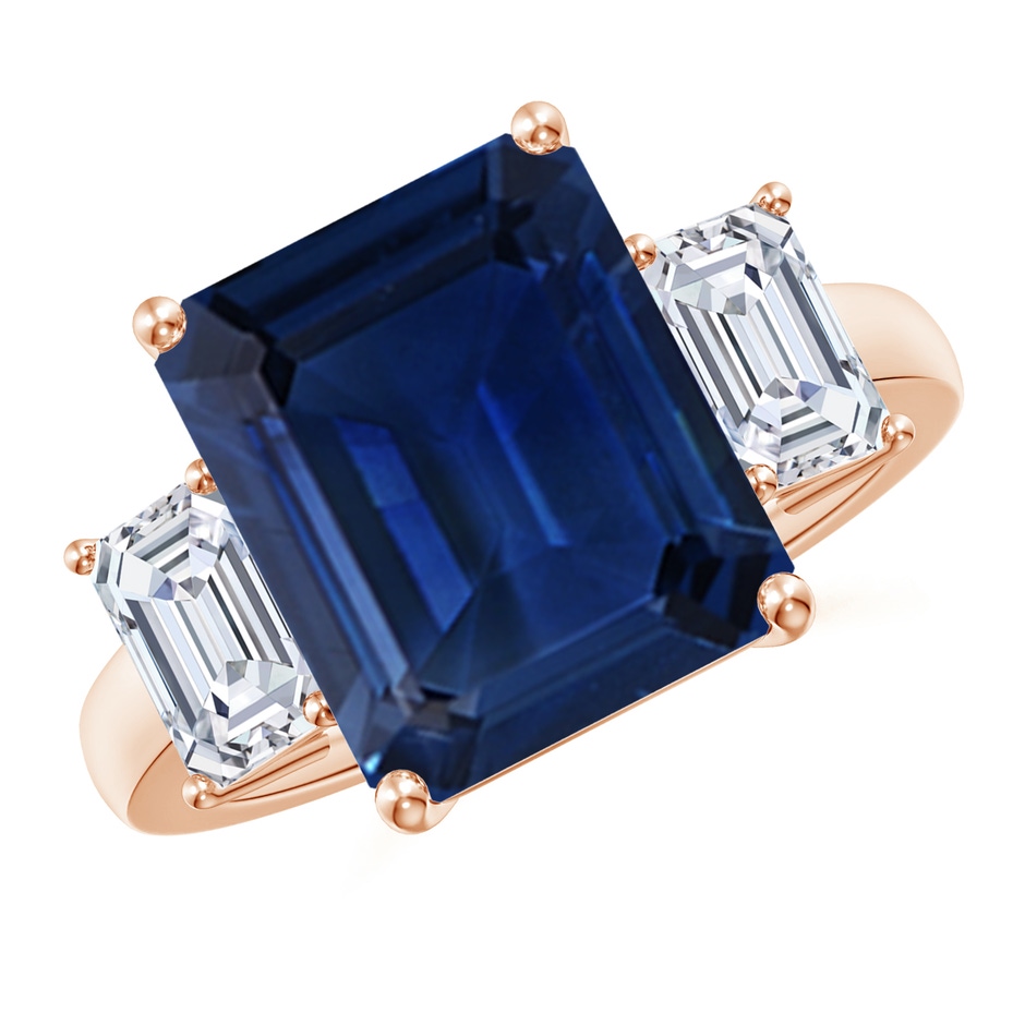 12x10mm AAA Emerald-Cut Blue Sapphire and Diamond Three Stone Ring in Rose Gold 