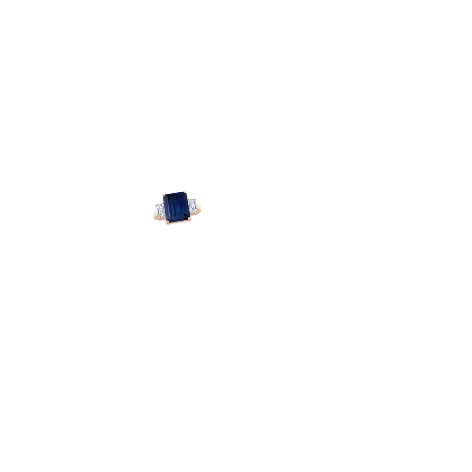 12x10mm AAA Emerald-Cut Blue Sapphire and Diamond Three Stone Ring in Rose Gold hand