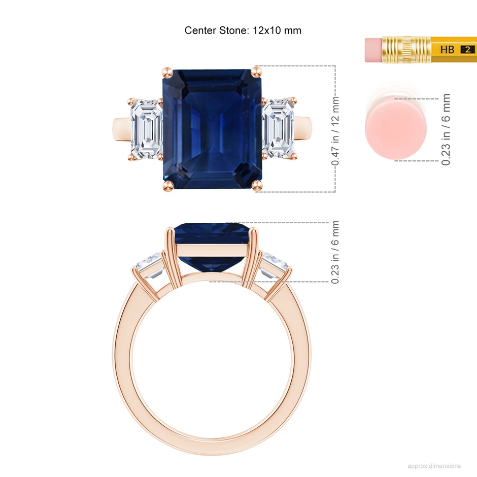 12x10mm AAA Emerald-Cut Blue Sapphire and Diamond Three Stone Ring in Rose Gold ruler