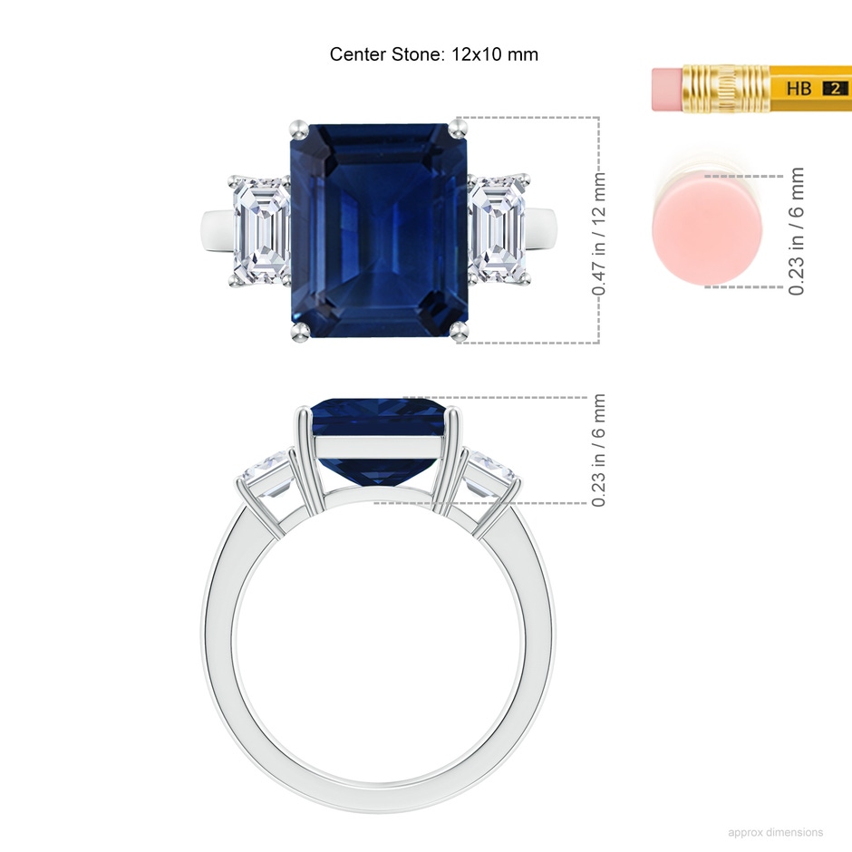 12x10mm AAA Emerald-Cut Blue Sapphire and Diamond Three Stone Ring in S999 Silver ruler