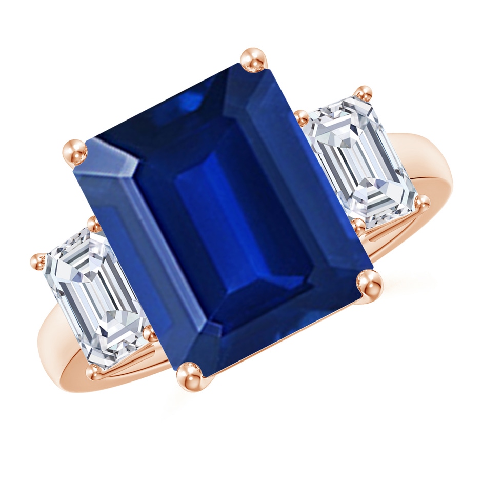12x10mm AAAA Emerald-Cut Blue Sapphire and Diamond Three Stone Ring in Rose Gold 