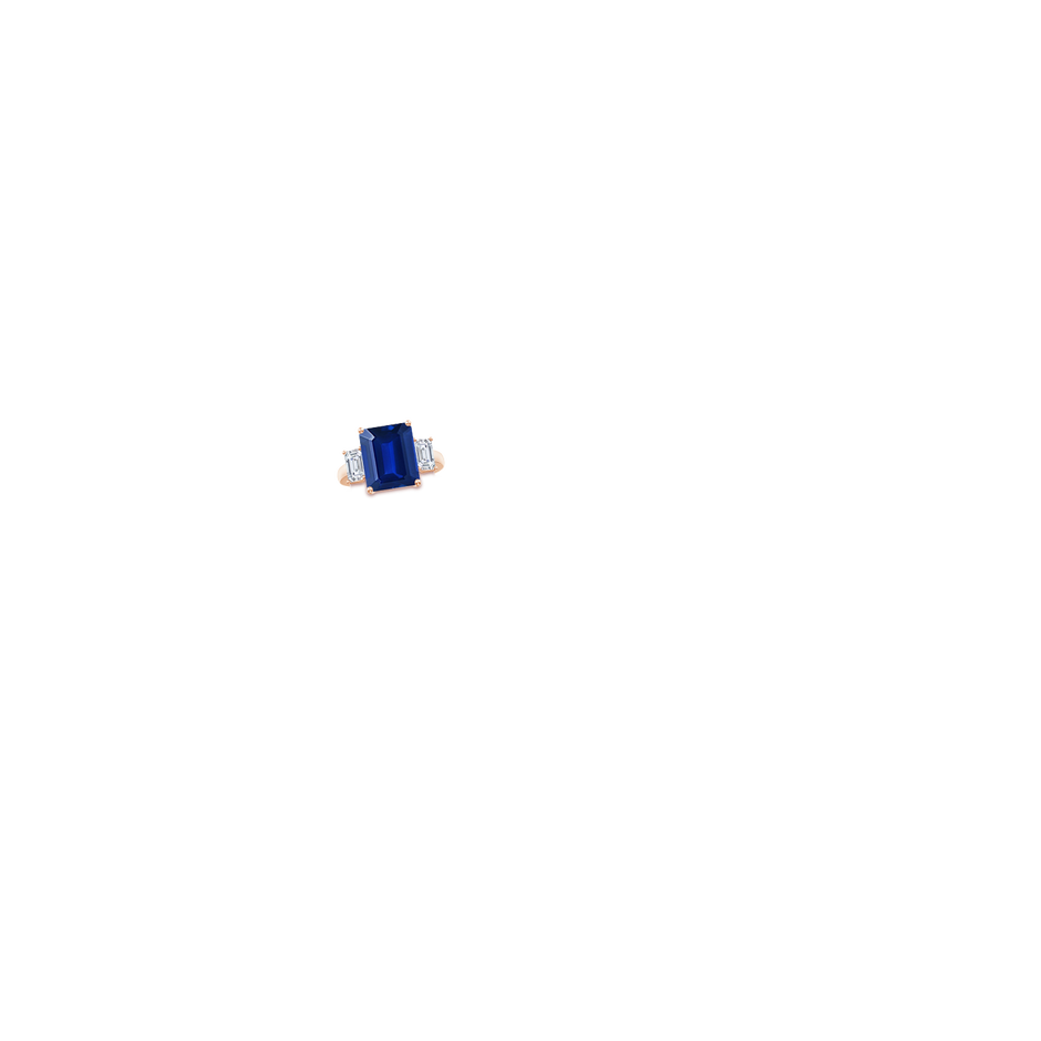 12x10mm AAAA Emerald-Cut Blue Sapphire and Diamond Three Stone Ring in Rose Gold hand