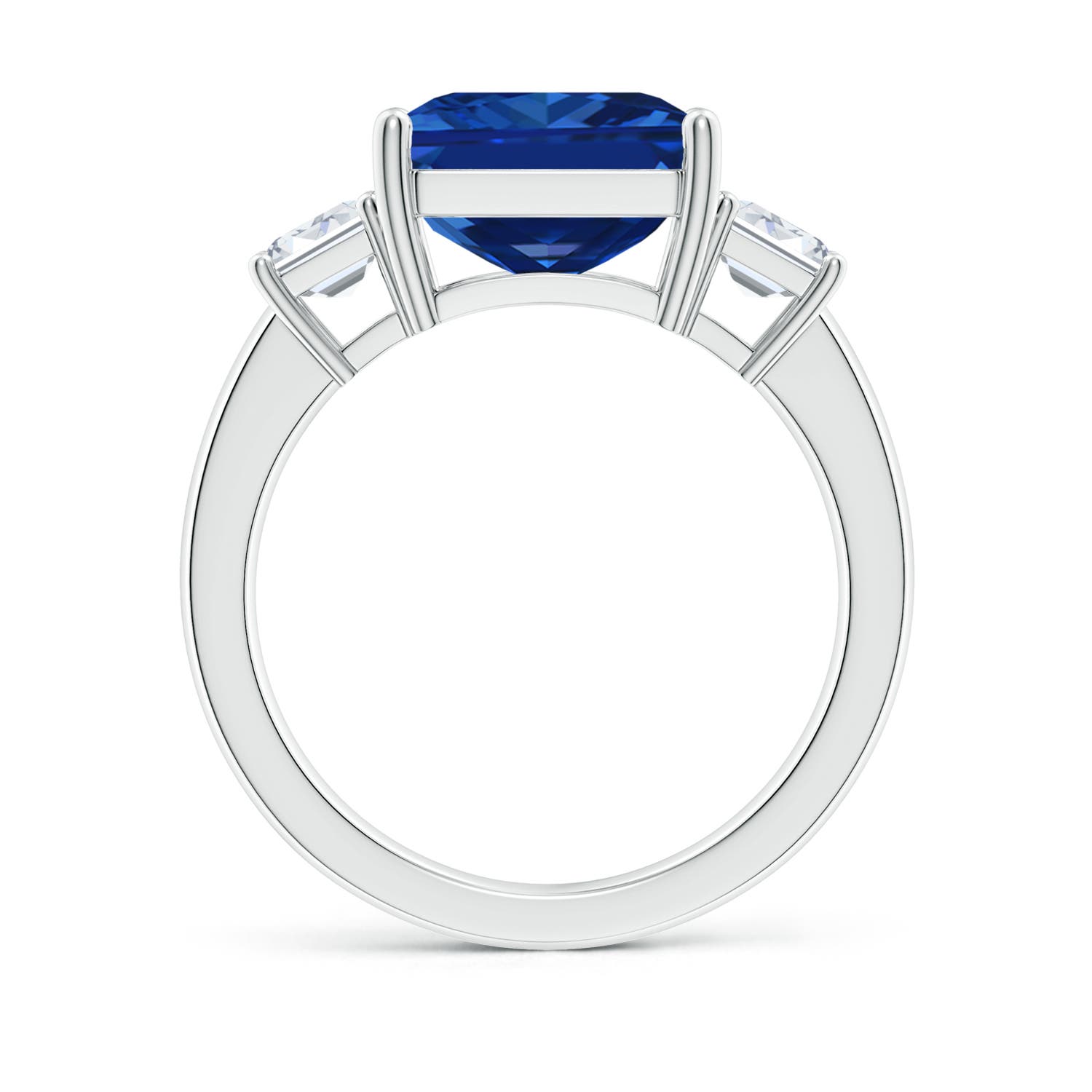 12x10mm AAAA Emerald-Cut Blue Sapphire and Diamond Three Stone Ring in S999 Silver