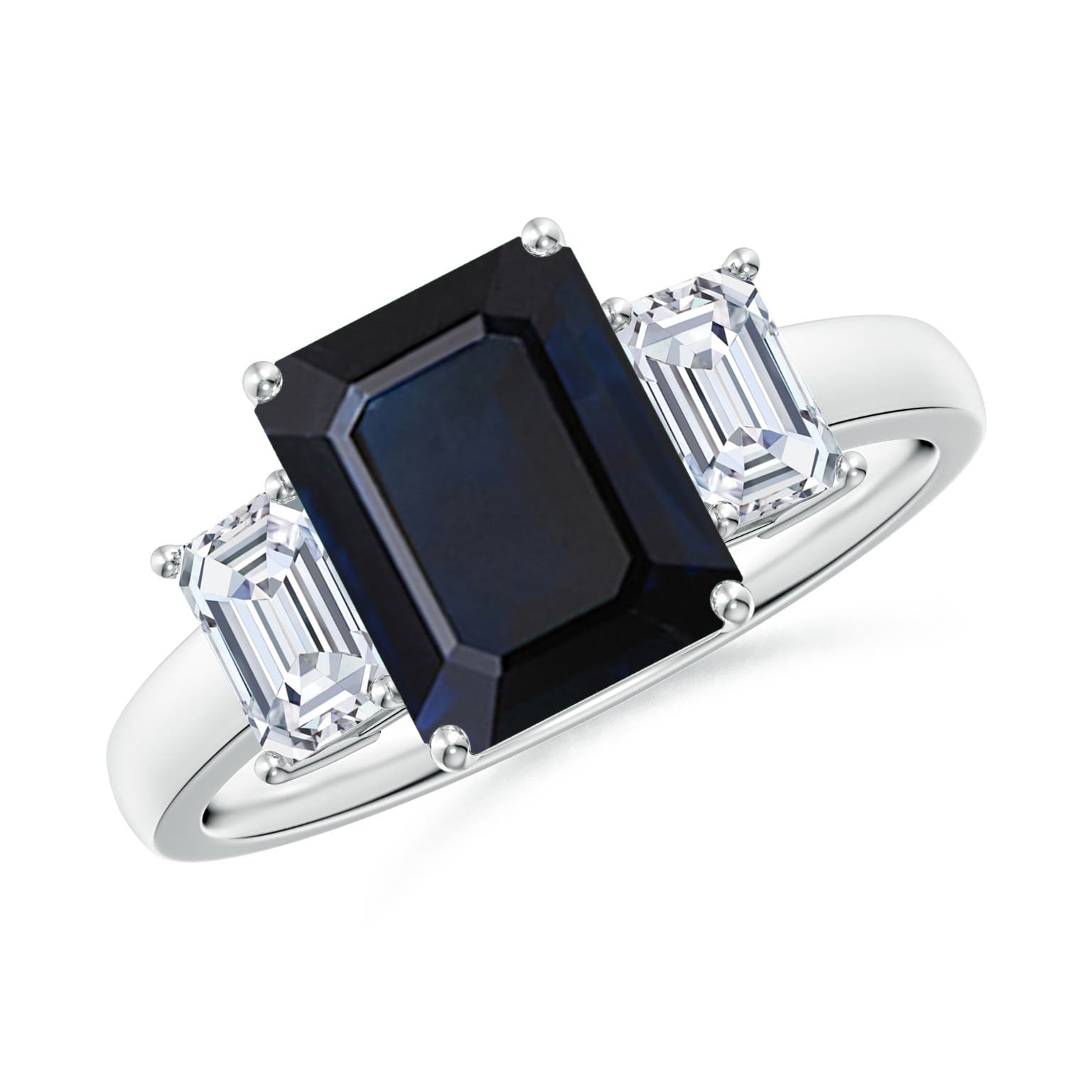 9x7mm A Emerald-Cut Blue Sapphire and Diamond Three Stone Ring in P950 Platinum