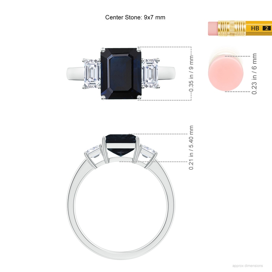 9x7mm A Emerald-Cut Blue Sapphire and Diamond Three Stone Ring in P950 Platinum ruler