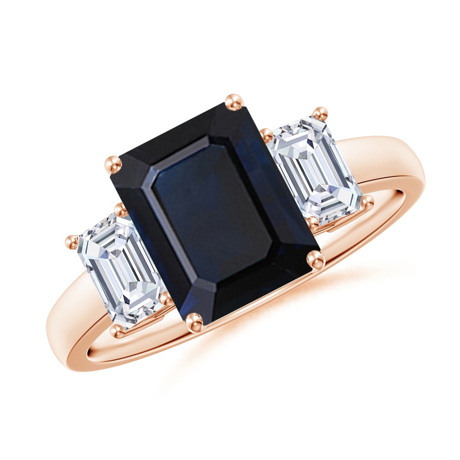 9x7mm A Emerald-Cut Blue Sapphire and Diamond Three Stone Ring in Rose Gold 