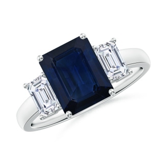 9x7mm AA Emerald-Cut Blue Sapphire and Diamond Three Stone Ring in P950 Platinum