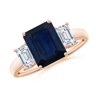 9x7mm AA Emerald-Cut Blue Sapphire and Diamond Three Stone Ring in Rose Gold