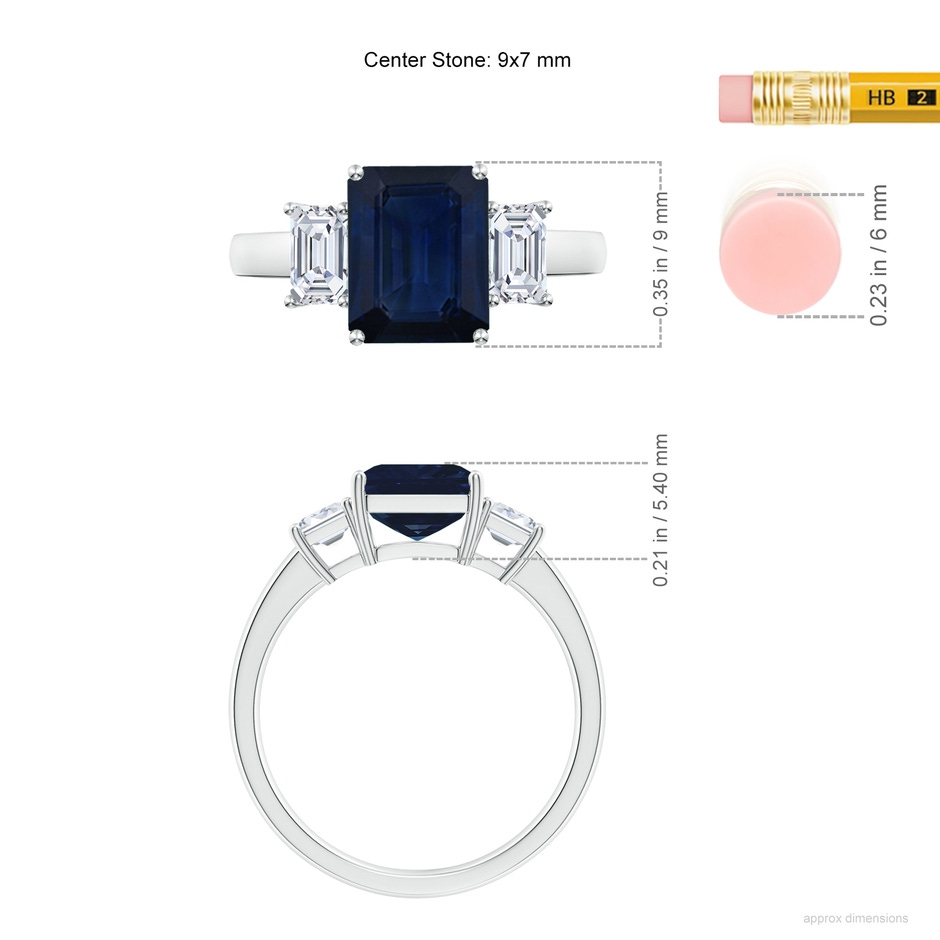 9x7mm AA Emerald-Cut Blue Sapphire and Diamond Three Stone Ring in White Gold ruler