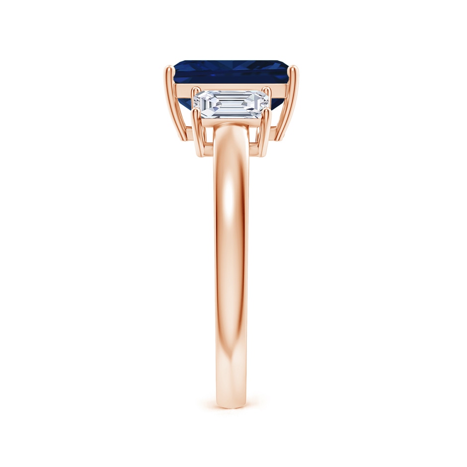 9x7mm AAA Emerald-Cut Blue Sapphire and Diamond Three Stone Ring in Rose Gold Side 299