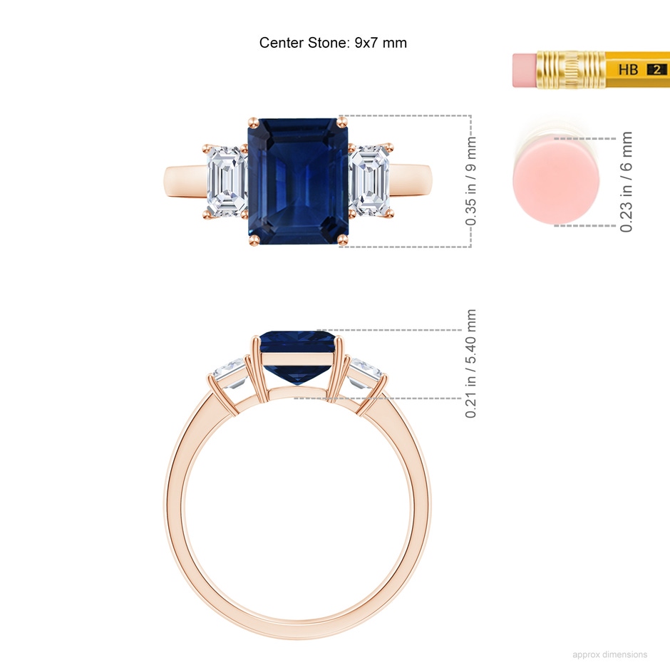 9x7mm AAA Emerald-Cut Blue Sapphire and Diamond Three Stone Ring in Rose Gold ruler